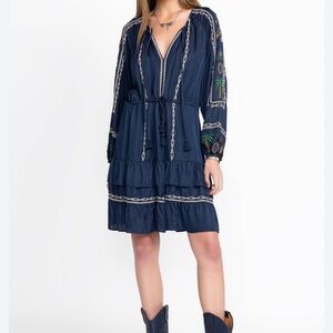 Johnny Was Jade collection embroidered dress in navy blue. Rare XS size.